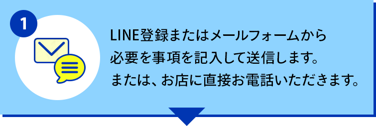 LINE登録またはメールフォームから必要を事項を記入して送信します。または、お店に直接お電話いただきます。